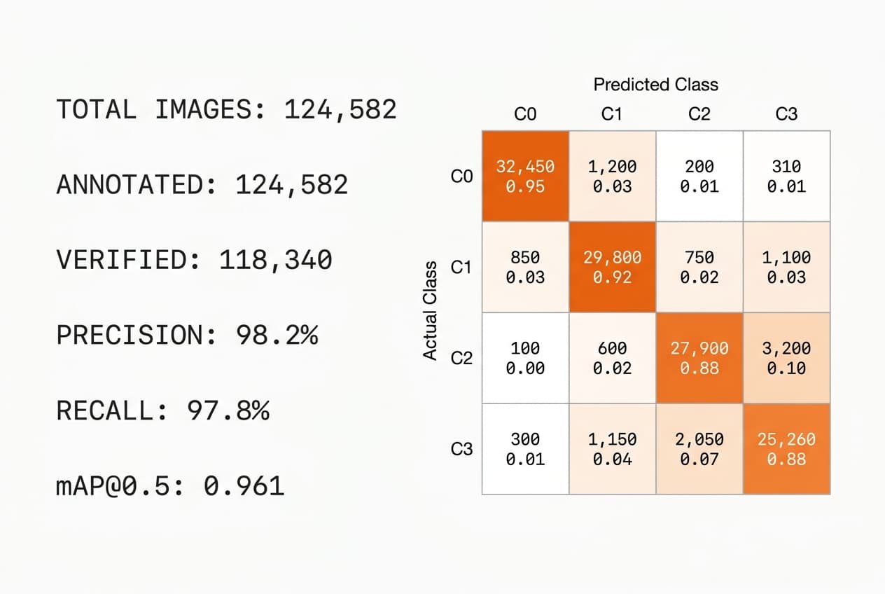 Dataset evaluation dashboard — confusion matrix and precision/recall metrics