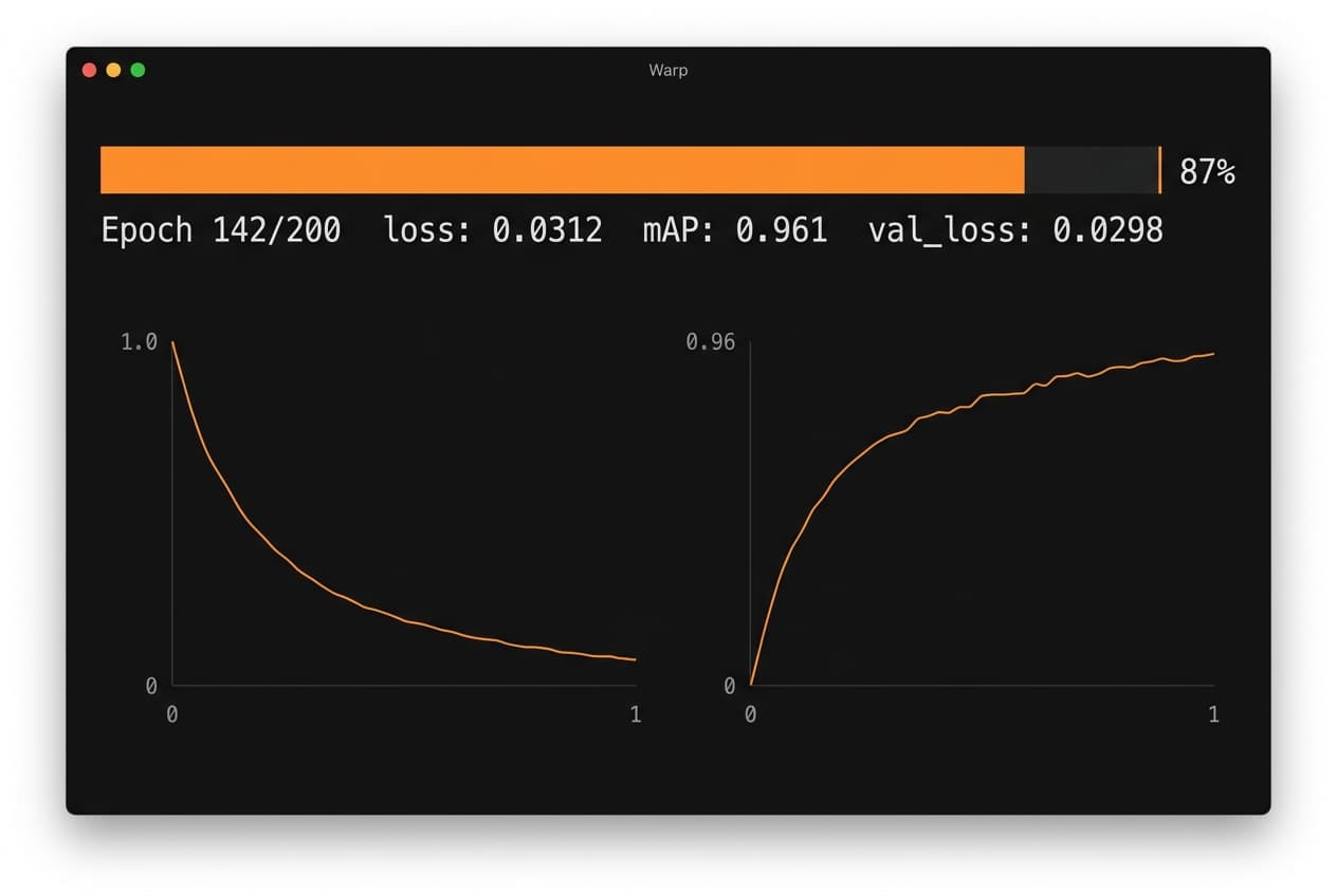 YOLO model training pipeline — loss curve and mAP progression over 200 epochs